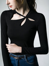 Langarm T-Shirts Tops mit schmalem, hohlem, einfarbigem asymmetrischem Kragen